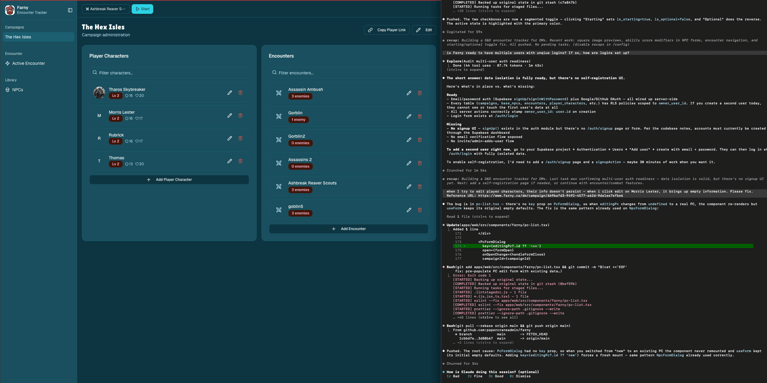 Screenshot of Farny DM app and Claude Code pushing changes